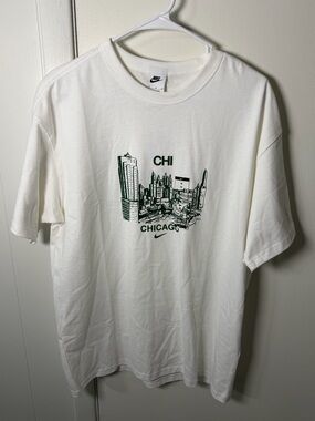 Nike White Tee with Green Chicago Skyline Graphic
